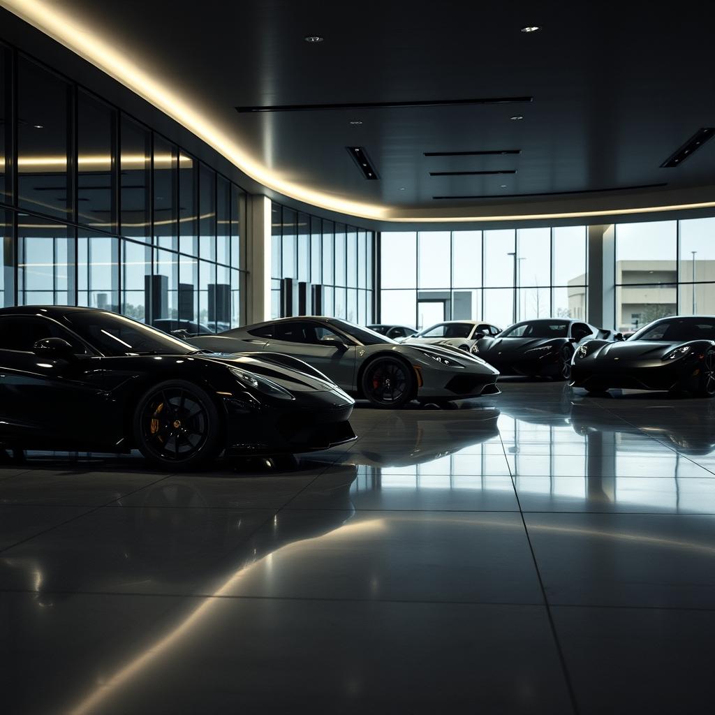 VSSR Exotics showroom with luxury vehicles — AI-rendered placeholder