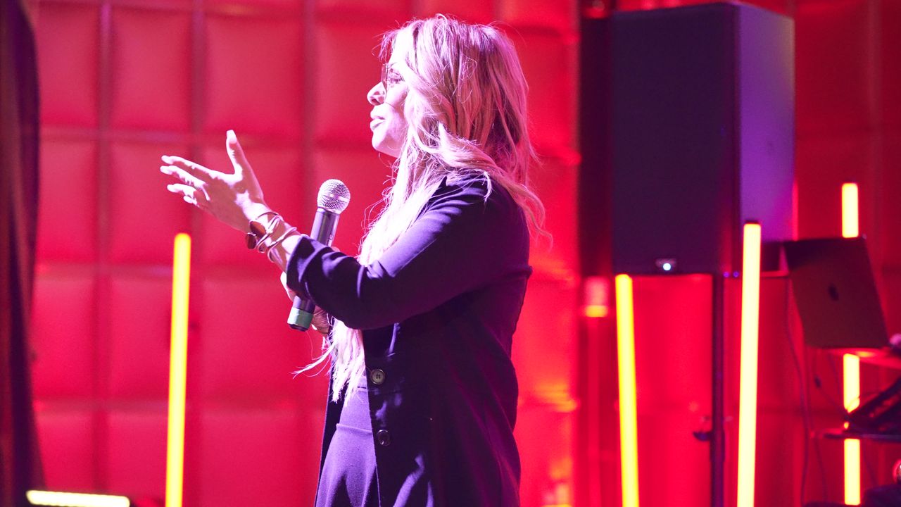Maria Matarelli gestures during her welcome