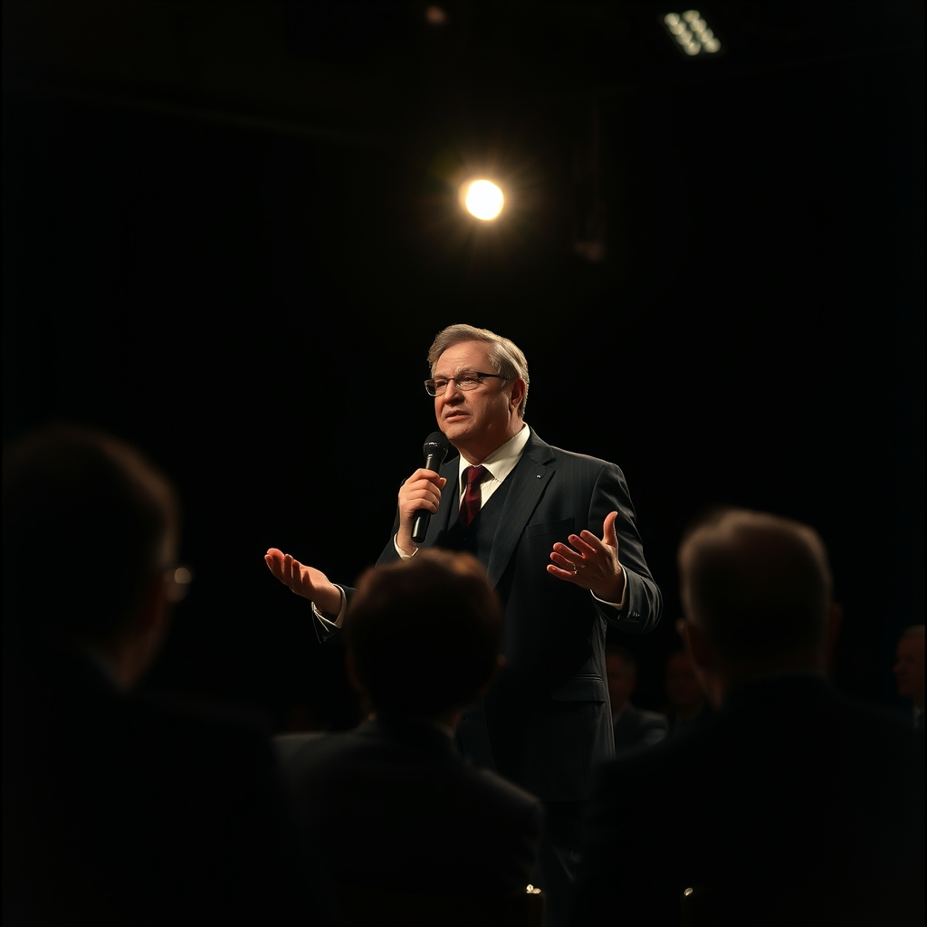 Founder mid-pitch under a single stage light