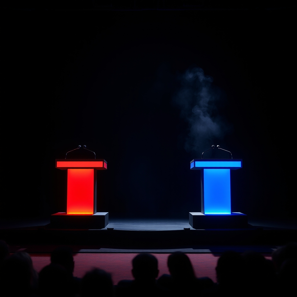 Two podiums lit for a Squabble debate